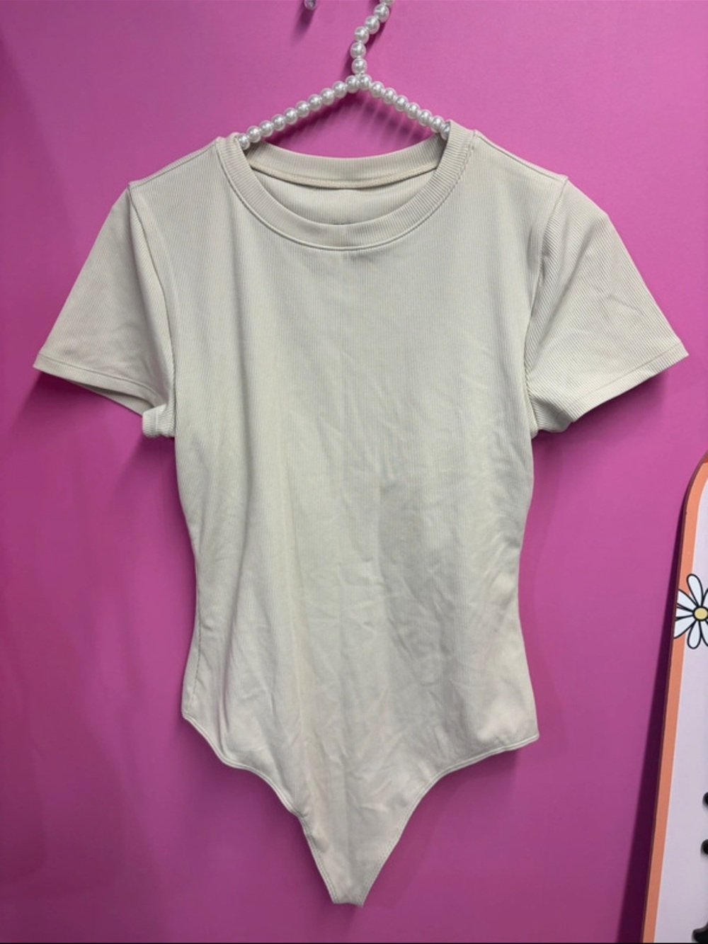 Girlfriend Cream Ribbed Short-Sleeve Bodysuit